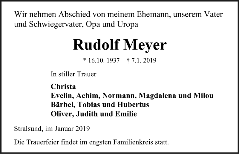  Traueranzeige für Rudolf Meyer vom 12.01.2019 aus Ostsee-Zeitung GmbH