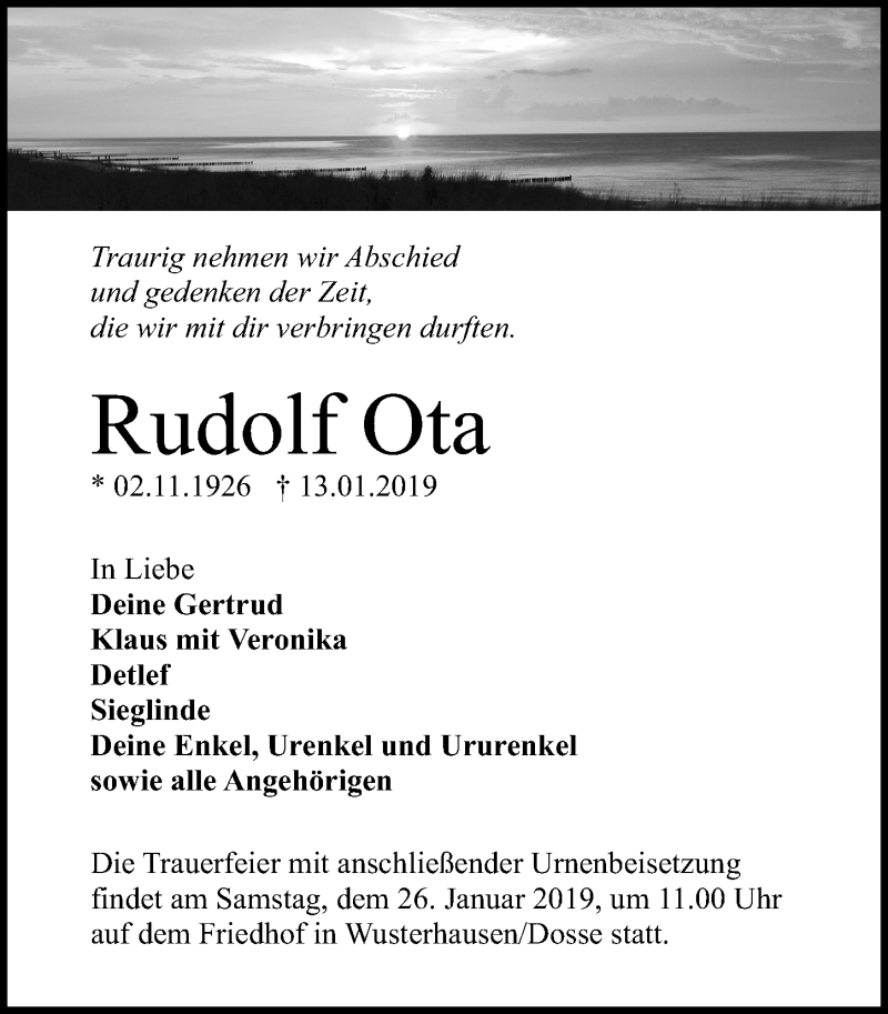  Traueranzeige für Rudolf Ota vom 19.01.2019 aus Märkischen Allgemeine Zeitung