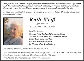 Traueranzeige von Ruth Weiß von Leipziger Volkszeitung