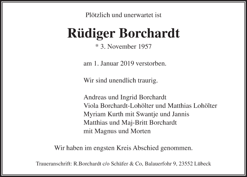  Traueranzeige für Rüdiger Borchardt vom 13.01.2019 aus Lübecker Nachrichten