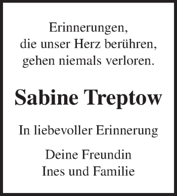 Traueranzeige von Sabine Treptow von Lübecker Nachrichten