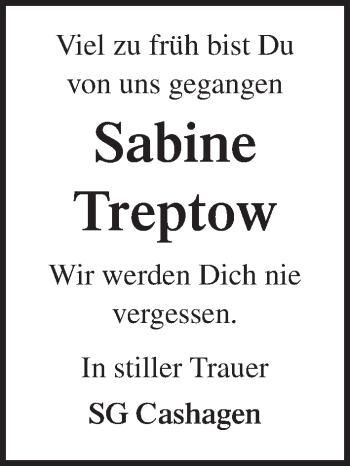 Traueranzeige von Sabine Treptow von Lübecker Nachrichten