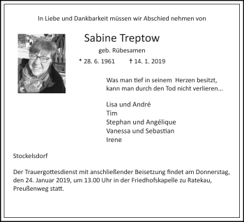 Traueranzeige von Sabine Treptow von Lübecker Nachrichten