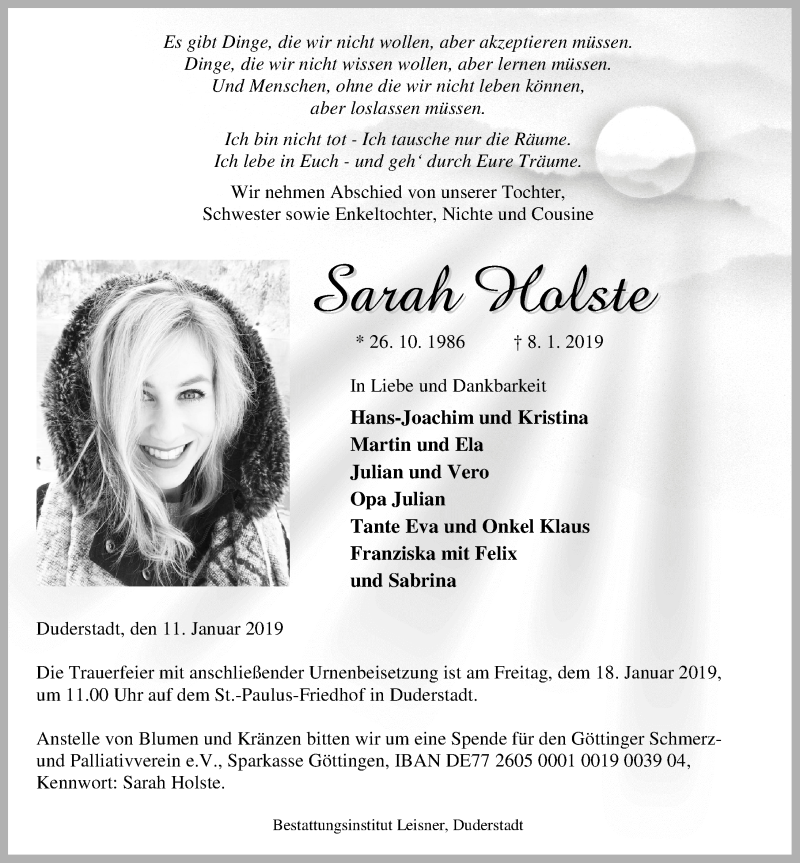  Traueranzeige für Sarah Holste vom 11.01.2019 aus Eichsfelder Tageblatt