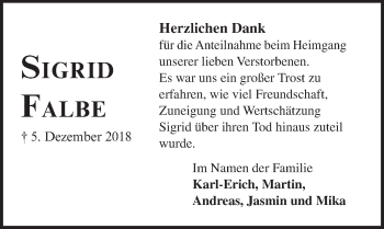 Traueranzeige von Sigrid Falbe von Lübecker Nachrichten