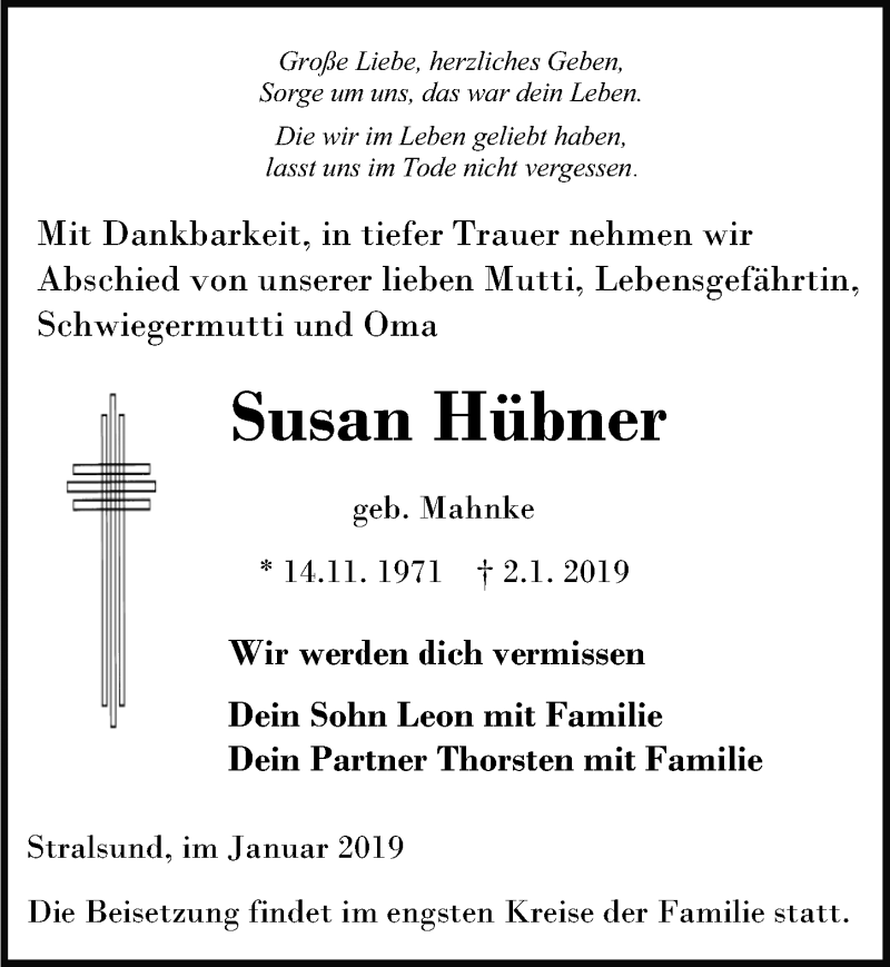  Traueranzeige für Susan Hübner vom 12.01.2019 aus Ostsee-Zeitung GmbH