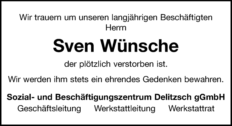  Traueranzeige für Sven Wünsche vom 26.01.2019 aus Leipziger Volkszeitung
