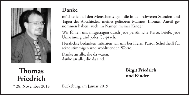  Traueranzeige für Thomas Friedrich vom 12.01.2019 aus Schaumburger Nachrichten