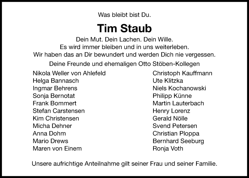  Traueranzeige für Tim Staub vom 12.01.2019 aus Kieler Nachrichten