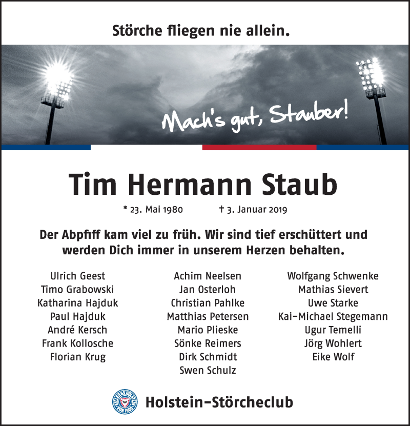  Traueranzeige für Tim Hermann Staub vom 12.01.2019 aus Kieler Nachrichten