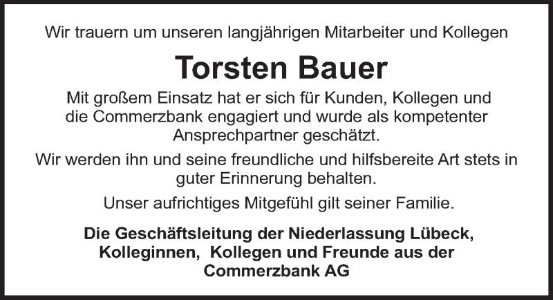  Traueranzeige für Torsten Bauer vom 20.01.2019 aus Lübecker Nachrichten