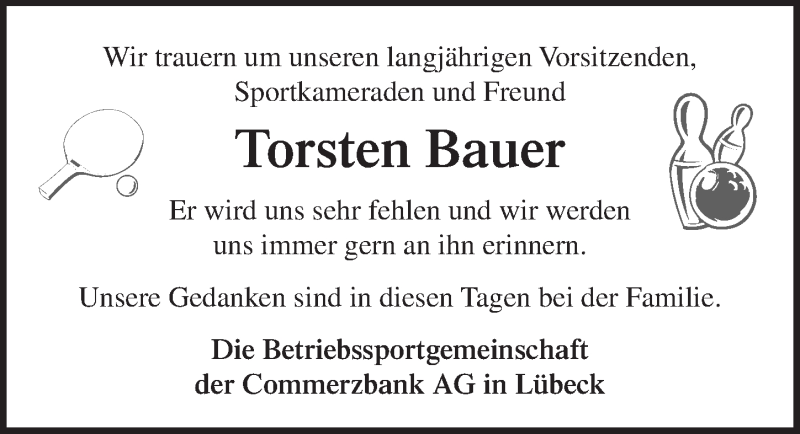  Traueranzeige für Torsten Bauer vom 20.01.2019 aus Lübecker Nachrichten