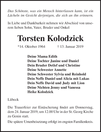Traueranzeige von Torsten Kolodzick von Lübecker Nachrichten