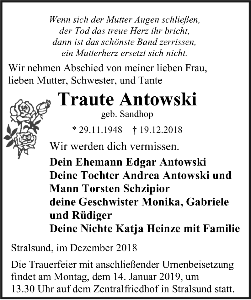  Traueranzeige für Traute Antowski vom 05.01.2019 aus Ostsee-Zeitung GmbH