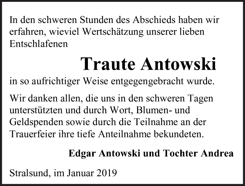  Traueranzeige für Traute Antowski vom 19.01.2019 aus Ostsee-Zeitung GmbH