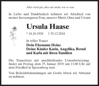 Traueranzeige von Ursula Haase von Märkischen Allgemeine Zeitung