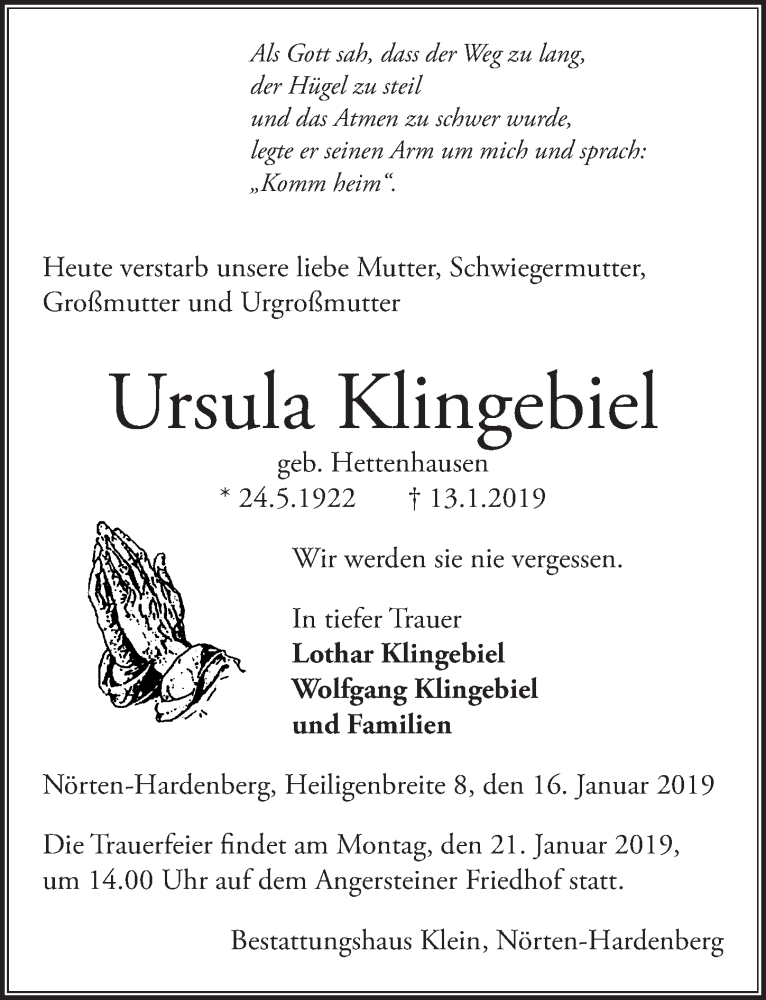  Traueranzeige für Ursula Klingebiel vom 16.01.2019 aus Göttinger Tageblatt