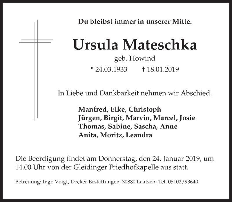  Traueranzeige für Ursula Mateschka vom 22.01.2019 aus Hannoversche Allgemeine Zeitung/Neue Presse