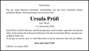 Traueranzeige von Ursula Prüß von Lübecker Nachrichten