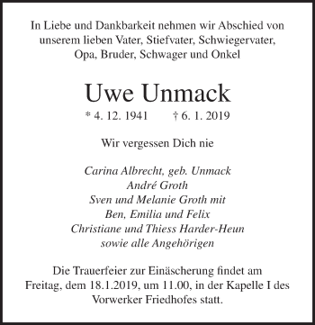 Traueranzeige von Uwe Unmack von Lübecker Nachrichten