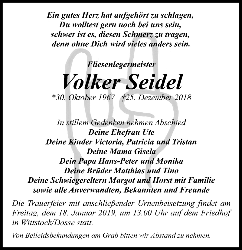  Traueranzeige für Volker Seidel vom 05.01.2019 aus Märkischen Allgemeine Zeitung