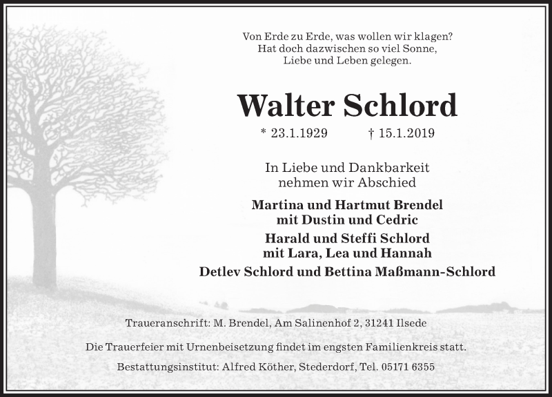  Traueranzeige für Walter Schlord vom 19.01.2019 aus Peiner Allgemeine Zeitung