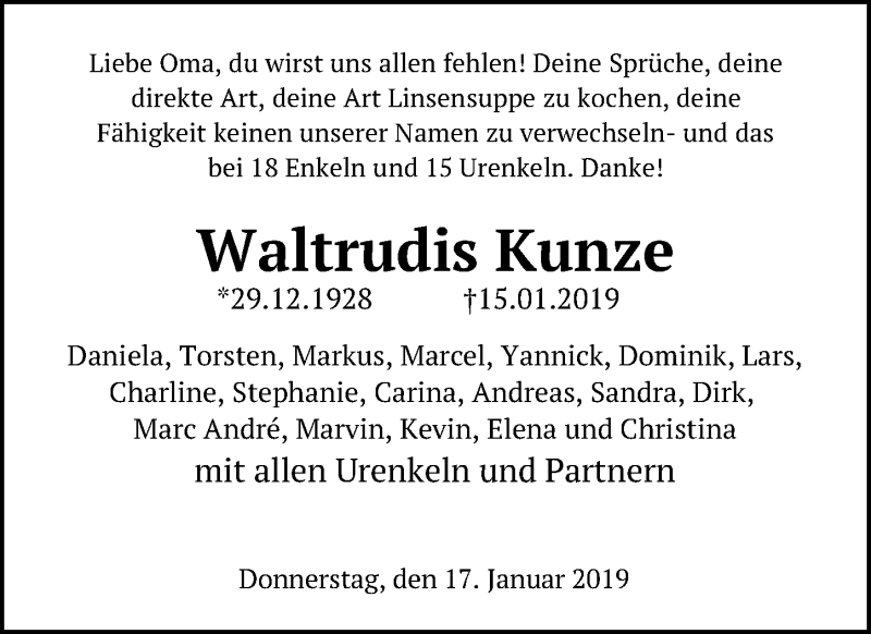  Traueranzeige für Waltrudis Kunze vom 17.01.2019 aus Eichsfelder Tageblatt