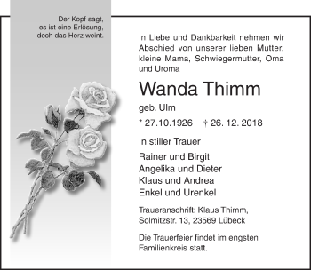 Traueranzeige von Wanda Thimm von Lübecker Nachrichten