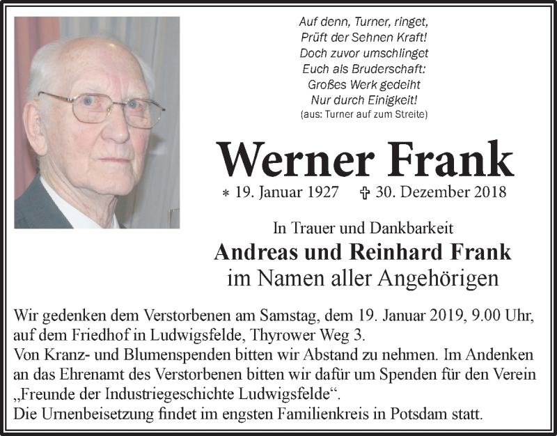 Traueranzeigen Von Werner Frank | Trauer-anzeigen.de