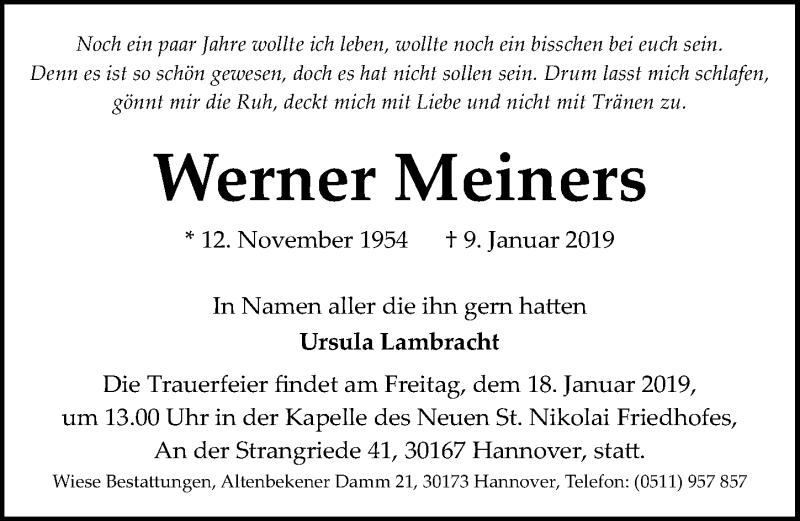 Traueranzeige für Werner Meiners vom 12.01.2019 aus Hannoversche Allgemeine Zeitung/Neue Presse