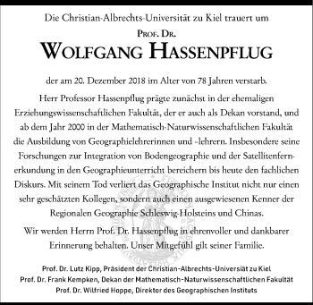 Traueranzeige von Wolfgang Hassenpflug von Kieler Nachrichten