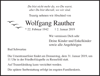 Traueranzeige von Wolfgang Rauther von Lübecker Nachrichten