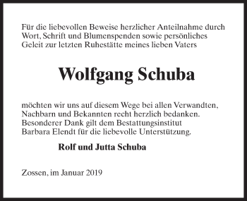 Traueranzeige von Wolfgang Schuba von Märkischen Allgemeine Zeitung
