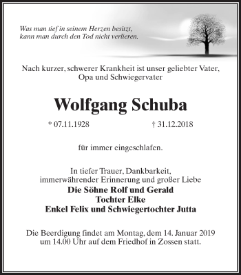 Traueranzeige von Wolfgang Schuba von Märkischen Allgemeine Zeitung