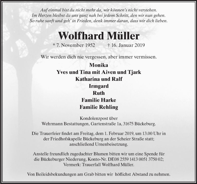  Traueranzeige für Wolfhard Müller vom 19.01.2019 aus Schaumburger Nachrichten