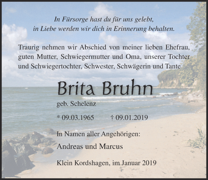  Traueranzeige für Brita Bruhn vom 12.01.2019 aus Ostsee Zeitung