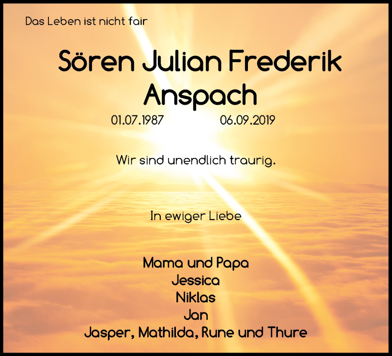 Traueranzeige für Sören Julian Frederik Anspach vom 02.10.2019 aus Dirk-Joachim Anspach