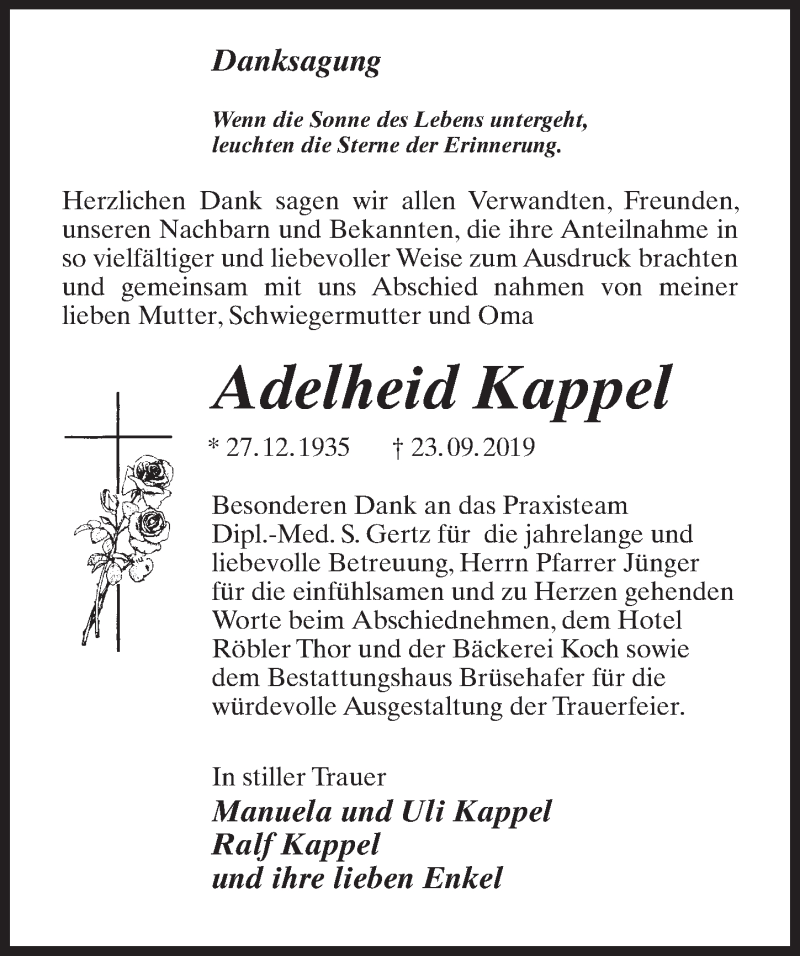  Traueranzeige für Adelheid Kappel vom 12.10.2019 aus Märkischen Allgemeine Zeitung