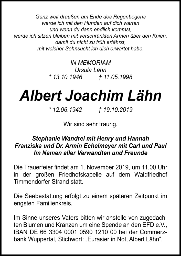  Traueranzeige für Albert Joachim Lähn vom 27.10.2019 aus Lübecker Nachrichten