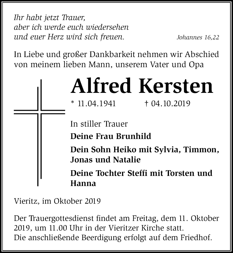  Traueranzeige für Alfred Kersten vom 09.10.2019 aus Märkischen Allgemeine Zeitung