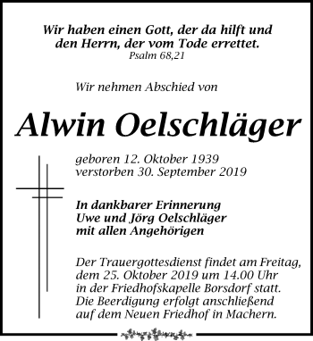 Traueranzeige von Alwin Oelschläger von Leipziger Volkszeitung