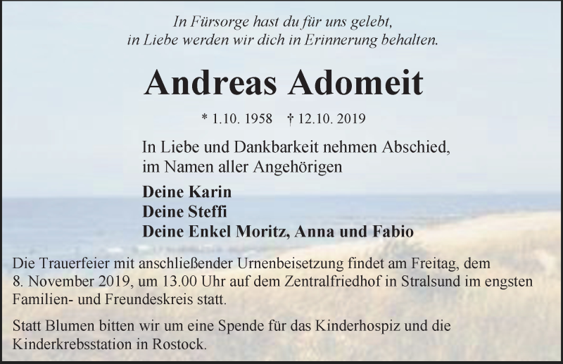  Traueranzeige für Andreas Adomeit vom 26.10.2019 aus Ostsee-Zeitung GmbH