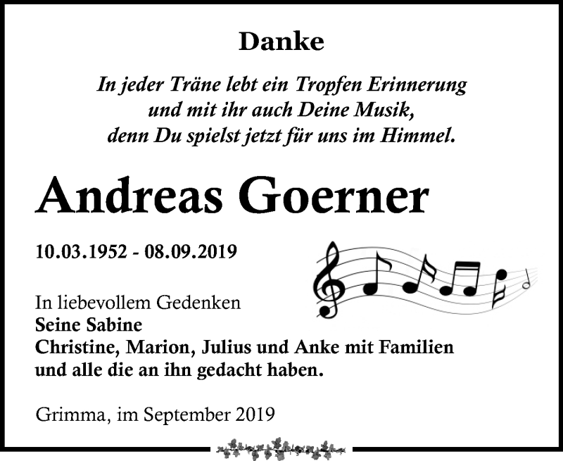  Traueranzeige für Andreas Goerner vom 05.10.2019 aus Leipziger Volkszeitung