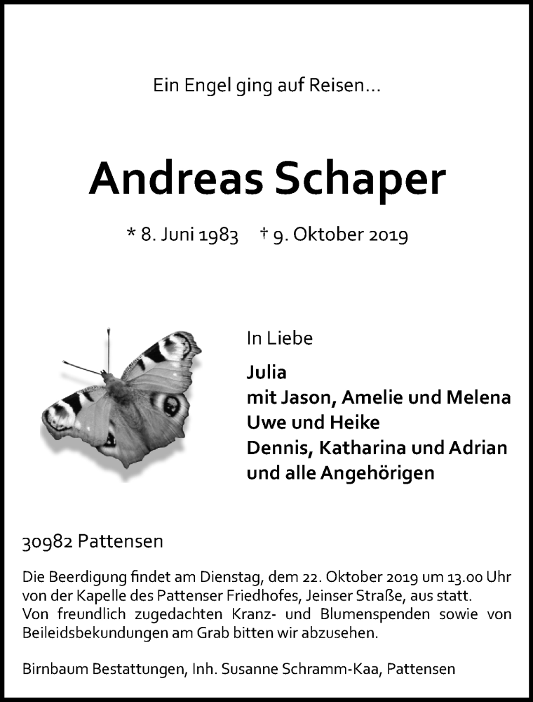  Traueranzeige für Andreas Schaper vom 19.10.2019 aus Hannoversche Allgemeine Zeitung/Neue Presse