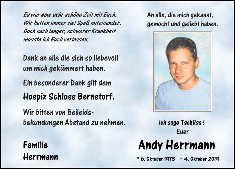  Traueranzeige für Andy Herrmann vom 12.10.2019 aus Ostsee-Zeitung GmbH