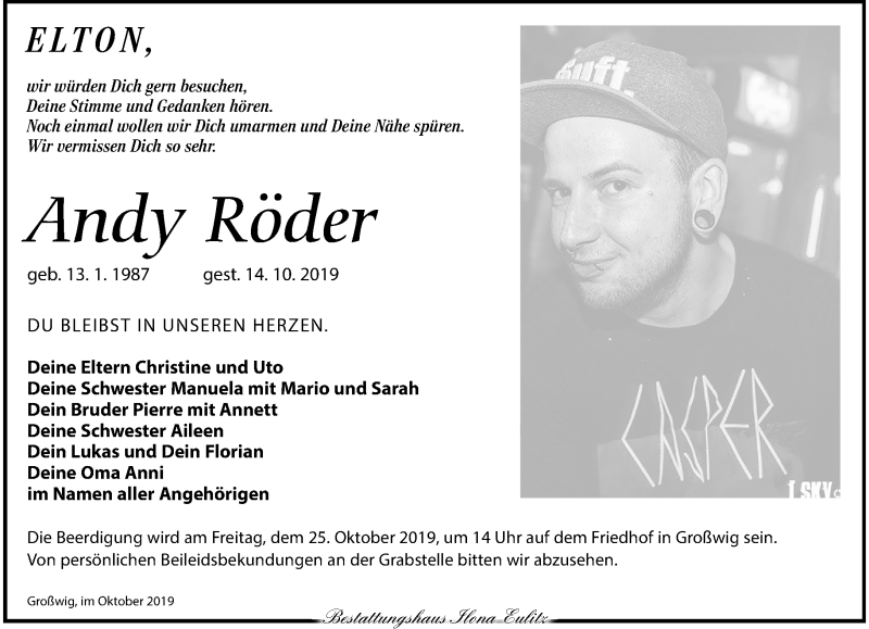  Traueranzeige für Andy Röder vom 19.10.2019 aus Torgauer Zeitung
