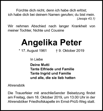 Traueranzeige von Angelika Peter von Lübecker Nachrichten