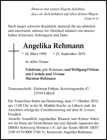 Traueranzeige von Angelika Rehmann von Lübecker Nachrichten