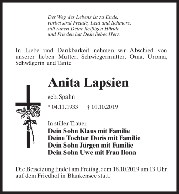 Traueranzeige von Anita Lapsien von Märkischen Allgemeine Zeitung