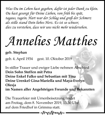 Traueranzeige von Annelies Matthes von Leipziger Volkszeitung